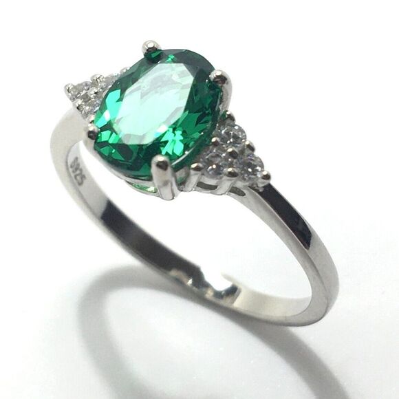 Sterling Silver Ring 925 Cubic Zirconia Size 7 Emerald Green & Clear CZ - Picture 10 of 13